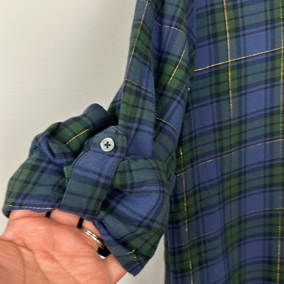 J. Crew Style Navy Blue & Dark Green Gold thread Plaid Popover Tunic Shirt Sz S - Picture 3 of 8